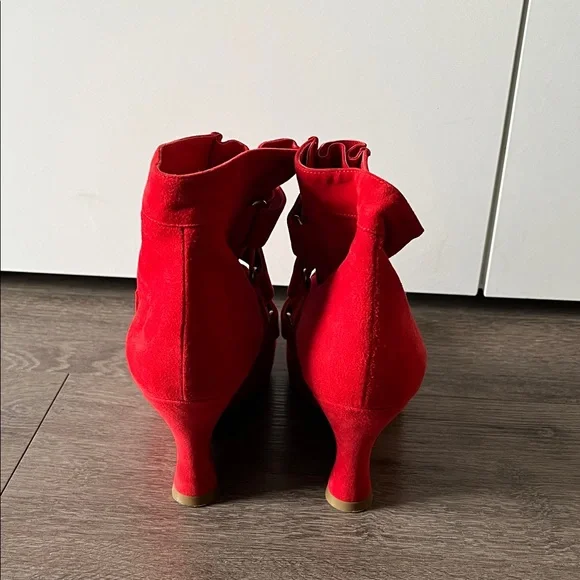 Tabitha Simons Women's Red Suede Wedge Booties with Strap Details - Picture 3 of 3
